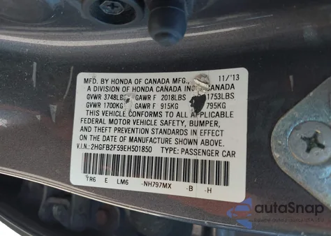 2014 Honda Civic Lx z USA, uszkodzony, nr VIN 2HGFB2F59EH501850